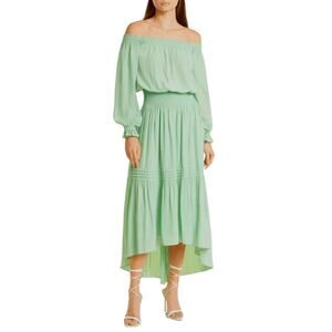 Ramy Brook Homer Bohemian Flowy Off Shoulder Whimsy Pistachio Dress $495 NWT S